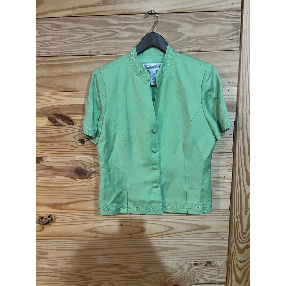 Jessica Howard Green Linen 2 Piece Dress Long Skirt Embroidered Top Women's 14 - Picture 2 of 7
